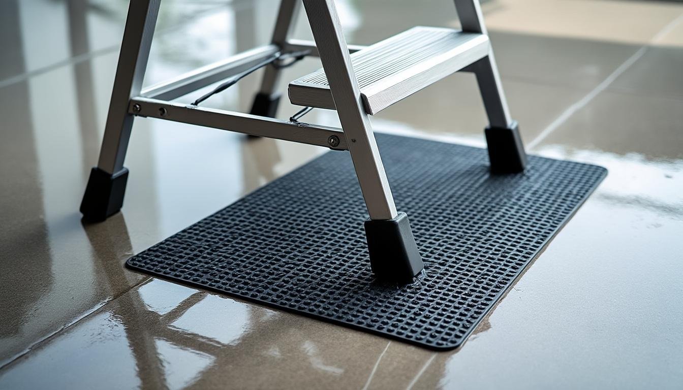découvrez notre tapis anti-chute conçu pour sécuriser escabeaux et échelles sur sols glissants, offrant stabilité et prévention des accidents.