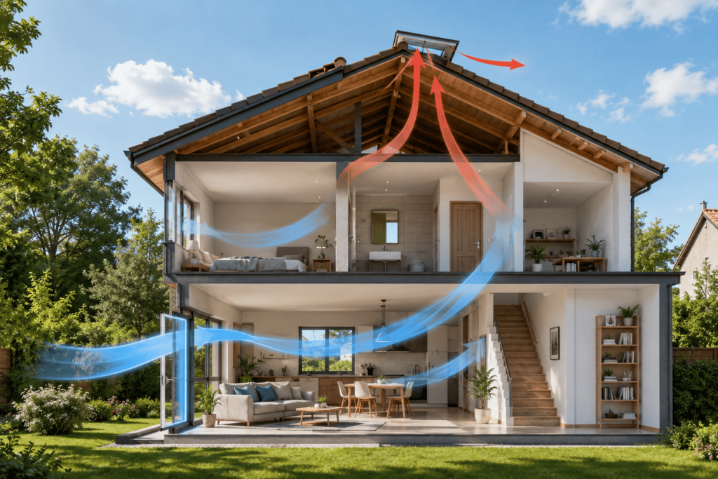 Illustration réaliste montrant les flux d'air naturels traversant une maison grâce aux ouvertures basses et hautes.