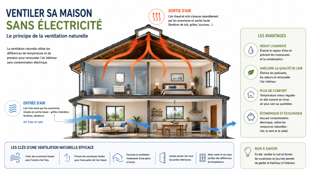 Infographie expliquant le fonctionnement de la ventilation naturelle dans une maison