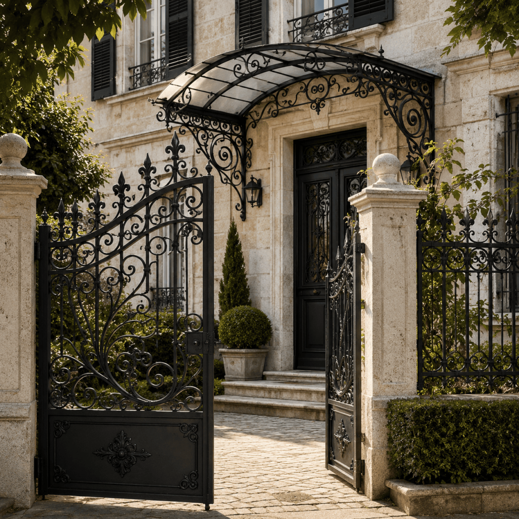 un portail et une marquise en fer forgé