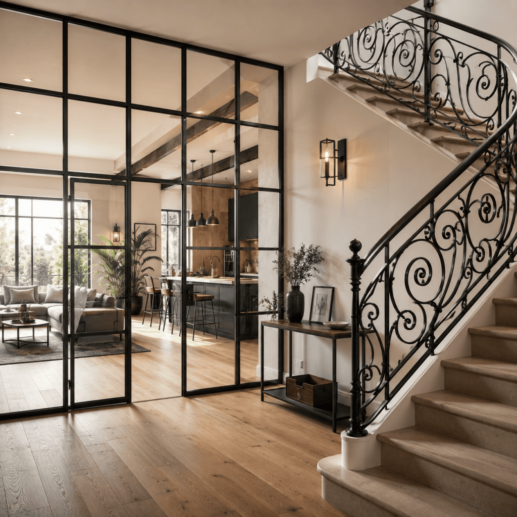 Intérieur moderne avec escaliers en fer forgé

