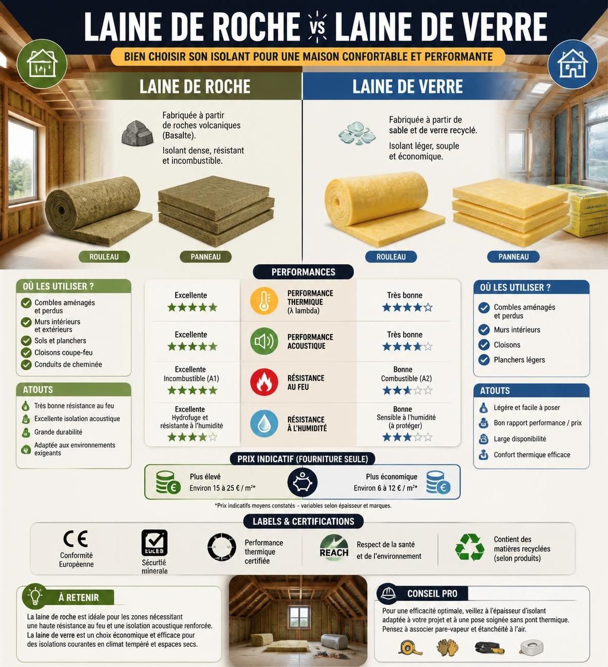 découvrez les différences entre la laine de roche et la laine de verre pour choisir l'isolant le mieux adapté à vos besoins en termes d'efficacité, de prix et d'impact environnemental.