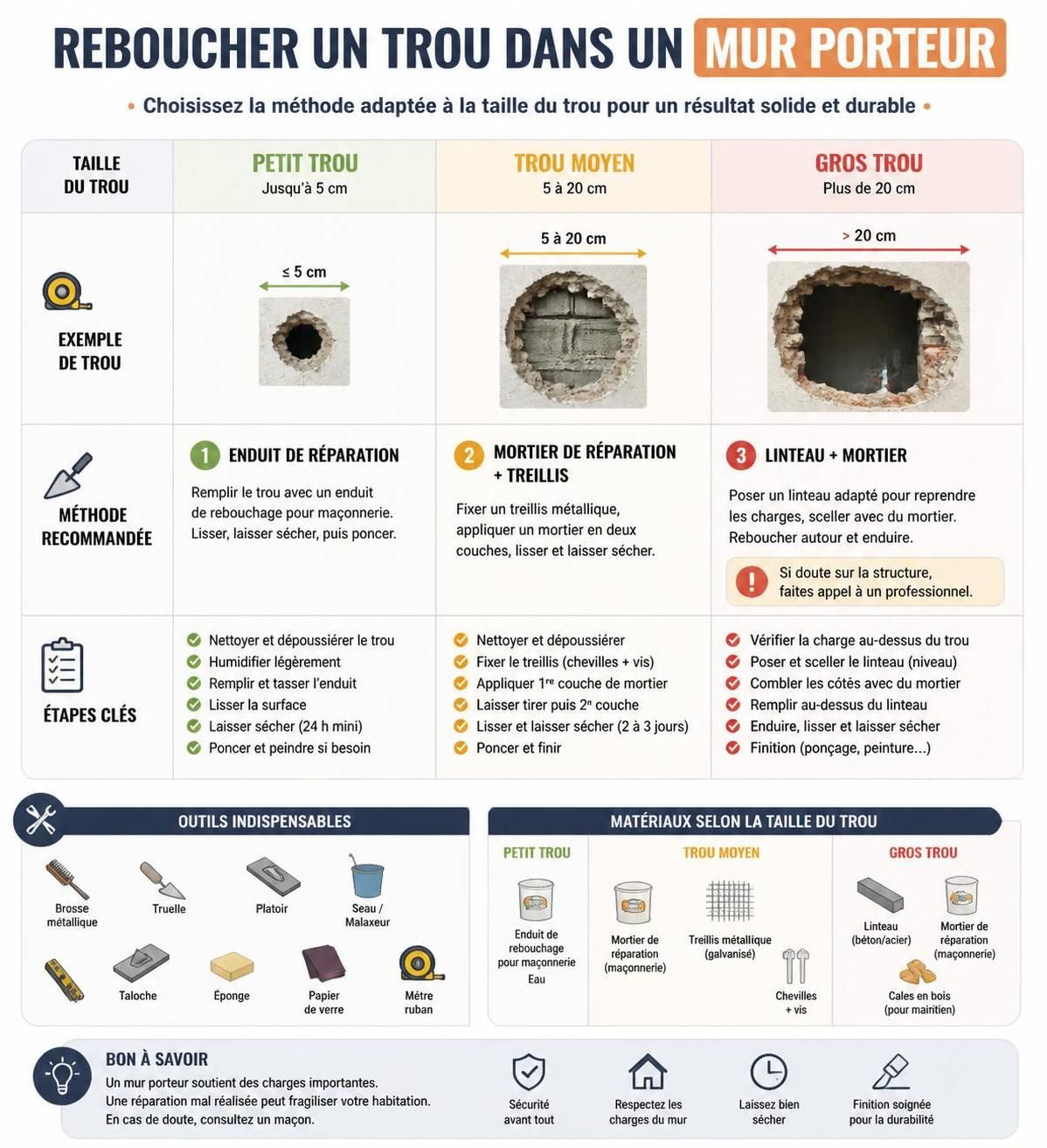 découvrez les conseils et précautions essentiels pour reboucher un trou dans un mur porteur en toute sécurité, afin de préserver la solidité et la stabilité de votre construction.